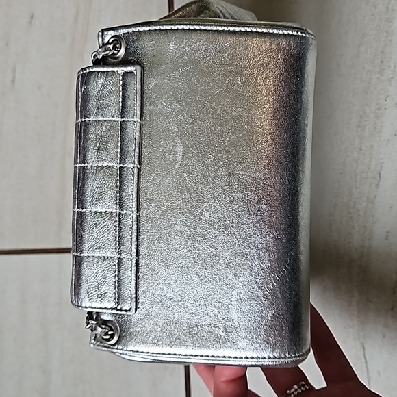 CHANEL Metallic Silver Mini Bag Chain Strap Turnlock w/Card - Picture 3 of 14